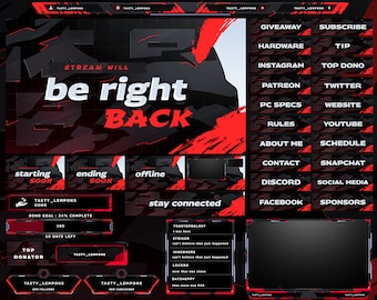 May include: A black and red Twitch stream overlay with a red and black abstract background. The text "STREAM WILL be right BACK" is in the center of the overlay. The overlay includes sections for starting soon, ending soon, offline, top donator, new follower, and new subscriber. The overlay also includes sections for giveaway, hardware, instagram, patreon, pc specs, rules, about me, contact, discord, facebook, subscribe, tip, top dono, twitter, website, youtube, schedule, snapchat, social media, and sponsors.