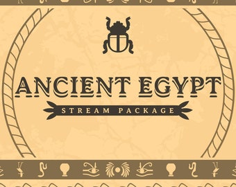 May include: A beige background with a brown rope border and a circle in the center. The circle contains a black scarab beetle icon and the text "ANCIENT EGYPT STREAM PACKAGE". The top and bottom borders feature a repeating pattern of brown Egyptian symbols and stylized flowers.
