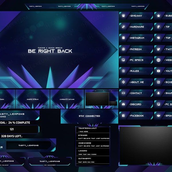 Vibrant Blue & Purple Animated Twitch Overlay Package : Webcam, Screens, Panels, Alerts, Transition and Streamlabs Widgets