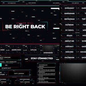 Glitch Twitch Overlay Package for OBS/RGB/Cyber/Dark/Black/White/Tron/SciFi/Hacker/Futuristic/