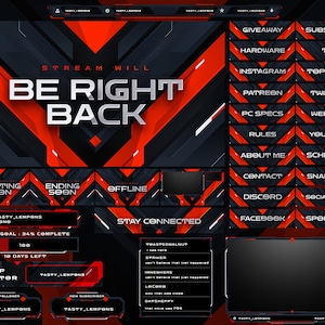 Modern Red Twitch Overlay Package : Webcam, Screens, Panels, Alerts, Transition and Streamlabs Widgets