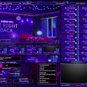 Lofi Cozy Twitch Overlay Package for OBS/Calm/Room/Night/Aesthetic/Glowing/Chill/VTuber/Purple/