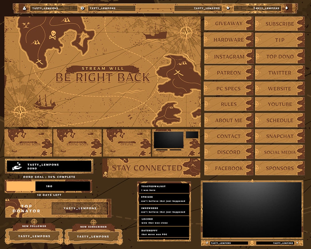 Pirate Map Twitch Overlay Package for Obs/treasure/sea of Thieves
