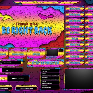 May include: A colorful Twitch stream overlay with a dripping slime theme. The overlay includes a "Stream Will Be Right Back" banner, a "Stay Connected" banner, a "Top Donator" banner, and a variety of other banners for social media, donations, and other stream features.