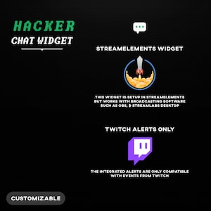 May include: A graphic showing a chat widget for Twitch streamers. The widget is customizable and compatible with StreamElements software. The text reads "Hacker Chat Widget" and "Streamelements Widget".