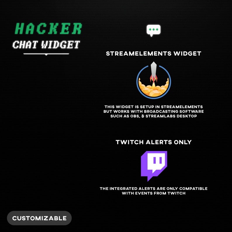 May include: A graphic showing a chat widget for Twitch streamers. The widget is customizable and compatible with StreamElements software. The text reads "Hacker Chat Widget" and "Streamelements Widget".