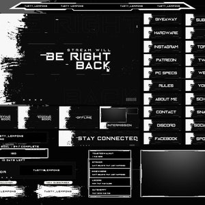Black and White Twitch Overlay Package for OBS/Dark/Esports/Brush Strokes/Widgets/Animated