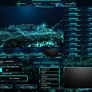 Neon Blau und Grün Animierte Twitch Overlay Paket: Webcam, Bildschirme, Panels, Warnungen, Übergang und Streamlabs Widgets