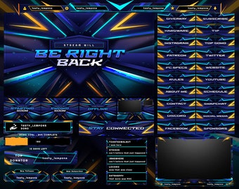 May include: A blue and yellow Twitch stream overlay with the text "Stream Will Be Right Back". The overlay includes sections for starting soon, ending soon, offline, top donator, new follower, new subscriber, and a variety of social media links.