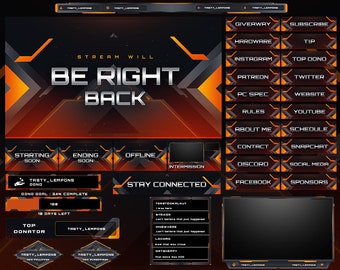 May include: A black and orange Twitch stream overlay with the text "Stream Will Be Right Back". The overlay includes a variety of buttons for viewers to interact with the streamer, such as "Giveaway", "Subscribe", "Tip", "Top Dono", "Patreon", "Twitter", "PC Spec", "Website", "Rules", "YouTube", "About Me", "Schedule", "Contact", "Snapchat", "Discord", "Social Media", "Facebook", and "Sponsors".