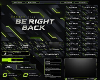 May include: A digital streaming overlay design with a dark gray and neon green color scheme. The design includes text elements such as "Stream Will Be Right Back," and various social media and streaming platform icons. The overall theme is gaming and online content creation.