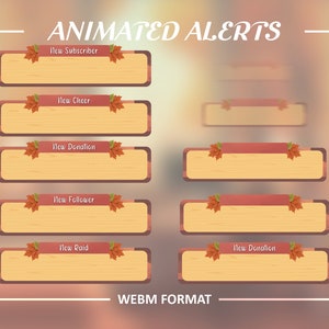Op de afbeelding: Geanimeerde meldingen voor Twitch-streams met een herfstthema. De meldingen zijn in een houtnerfdesign met rode en oranje bladeren. De tekst op de meldingen omvat "Nieuwe abonnee", "Nieuwe cheer", "Nieuwe donatie", "Nieuwe volger" en "Nieuwe raid".