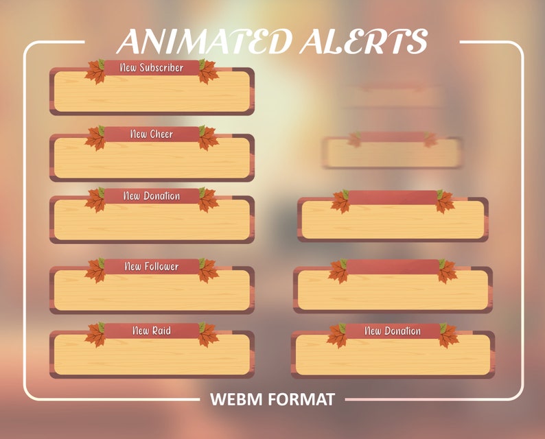 Op de afbeelding: Geanimeerde meldingen voor Twitch-streams met een herfstthema. De meldingen zijn in een houtnerfdesign met rode en oranje bladeren. De tekst op de meldingen omvat "Nieuwe abonnee", "Nieuwe cheer", "Nieuwe donatie", "Nieuwe volger" en "Nieuwe raid".