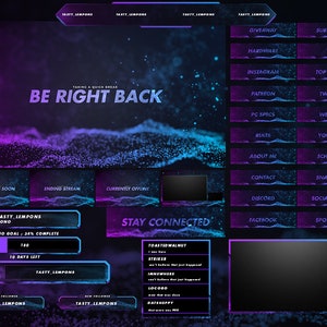 Pacote de sobreposição de Twitch animado roxo e azul: webcam, telas, painéis, alertas, transição e widgets Streamlabs