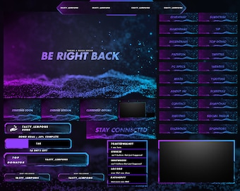 Purple & Blue Animated Twitch Overlay Package : Webcam, Screens, Panels, Alerts, Transition and Streamlabs Widgets