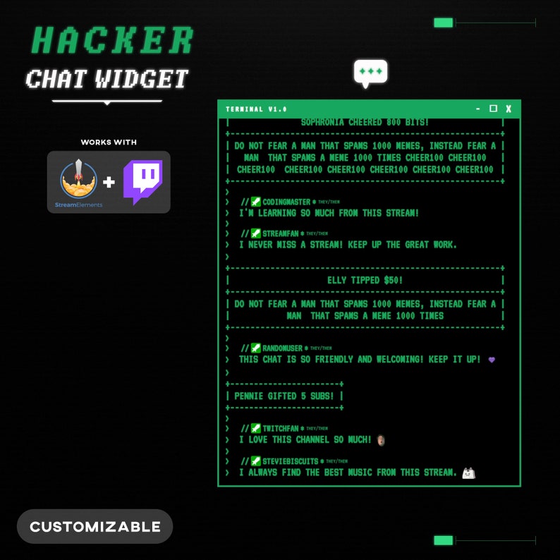 Hacker Terminal Chat Widget: Twitch & StreamElements Alerts image 1