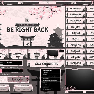 Pink Japanese Twitch Overlay Package for OBS/Sakura/Dojo/Pagoda/Calm/Aesthetic/Cozy/Tranquil/Cherry Blossom/Cute/VTuber/