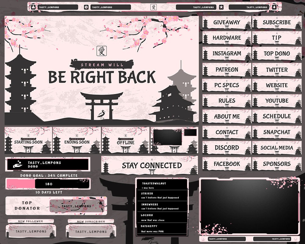 Pink Japanese Twitch Overlay Package for Obs/sakura/dojo/pagoda