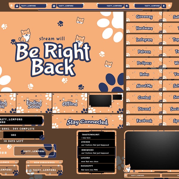 Cute Dog Twitch Overlay Package for OBS/Paws/Shiba Inu/Beige/Aesthetic/Kawaii/Pets/Beige/