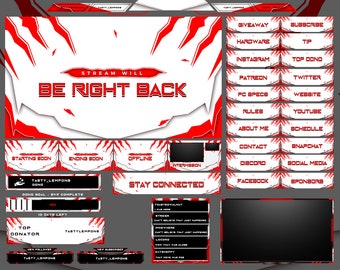 May include: Red and white Twitch stream overlay with a red and white background. The overlay includes a large banner that says "Stream Will Be Right Back" and several smaller banners with text such as "Giveaway", "Subscribe", "Hardware", "Tip", "Instagram", "Top Dono", "Patreon", "Twitter", "PC Specs", "Website", "Rules", "YouTube", "About Me", "Schedule", "Contact", "Snapchat", "Discord", "Social Media", "Facebook", "Sponsors", "Starting Soon", "Ending Soon", "Offline", "Intermission", "Tasty_Lempons Dono", "Dono Goal: 34x Complete", "Top Donator", "New Follower", "New Subscriber", "Stay Connected", "Toasty Walnut", "Striker", "Can't Believe That Just Happened", "Anywhere", "Don't Believe That Just Happened", "Lococore", "That's How We Glow", "Gathebby", "Not That We Was For".