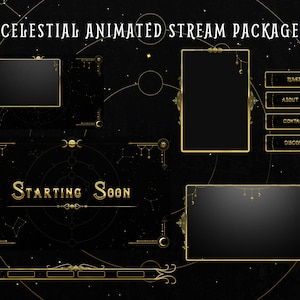 Gold Celestial Animated Twitch Overlay Package for OBS/Fantasy/Black/VTuber/Constellation/Stars/Zodiac/Fantasy/
