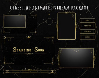 May include: A black and gold animated stream package with a celestial theme. The package includes a starting soon screen, a chat bar, a panel with buttons for rules, about me, contact, and discord, and two rectangular frames. The background is black with gold stars and constellations.