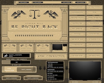 May include: A beige and brown themed Twitch stream overlay with a Greek-inspired design. The overlay features a scale of justice, two birds, and pillars. The text "STREAM WILL BE RIGHT BACK" is displayed in a large font. The overlay also includes a variety of buttons for social media, donations, and other stream features.