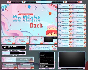 May include: A colorful Twitch stream overlay with a birthday cake theme. The overlay includes a 'Be Right Back' message, a 'Stay Connected' section, and various social media links. The overlay also includes a donation goal bar and a top donor section.