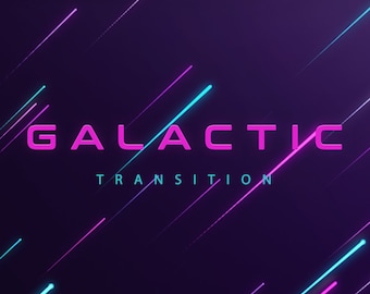 Könnte beinhalten: Ein dunkelvioletter Hintergrund mit diagonalen Linien aus pinkem und blauem Neonlicht. Der Text "GALACTIC TRANSITION" ist in Pink.