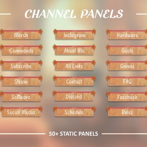 Op de afbeelding: Een set van 16 aanpasbare Twitch-kanaalpanelen met herfstthema's. De panelen bevatten verschillende onderwerpen, waaronder merchandise, commando's, abonneren, Steam, software, sociale media, planning, regels, Instagram, over mij, doelen, alle links, games, contact, Discord en Facebook.