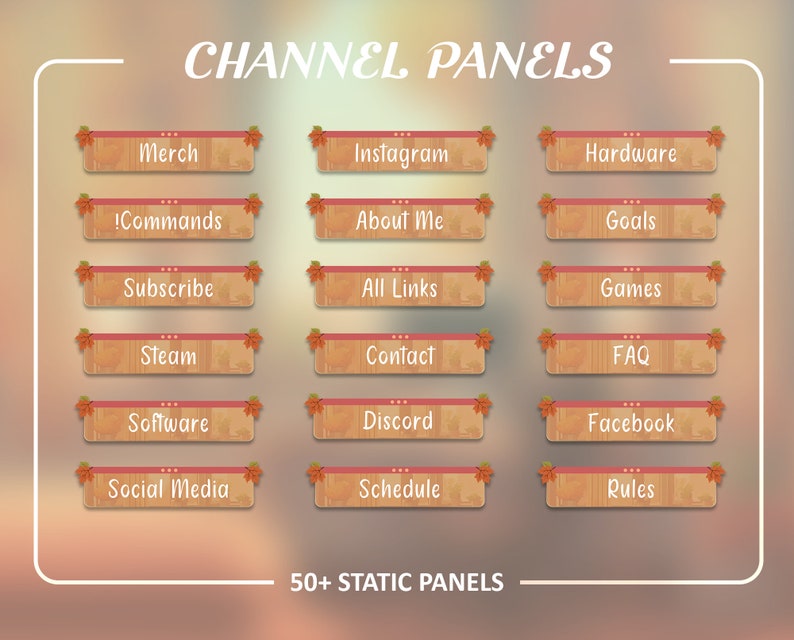Op de afbeelding: Een set van 16 aanpasbare Twitch-kanaalpanelen met herfstthema's. De panelen bevatten verschillende onderwerpen, waaronder merchandise, commando's, abonneren, Steam, software, sociale media, planning, regels, Instagram, over mij, doelen, alle links, games, contact, Discord en Facebook.