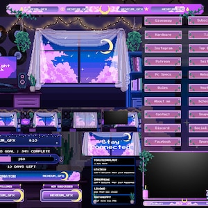Pixel Twitch-overlaypakket voor OBS/Cute/Aesthetic/Retro/Lofi/Calm/Moon/Stars