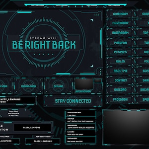 Futuristic Twitch Overlay Package for OBS/Cyber/Neon/Blue/UI/Tech/Teal/