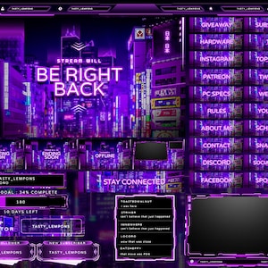 Neon Japanese City Twitch Overlay Package for OBS /Tokyo/Glowing/Cityscape/Cyberpunk/Purple/Skyline/Cyber/Just Chatting/