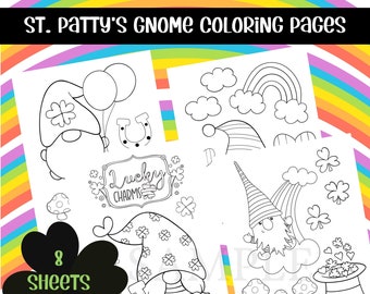 St. Patty's Gnome Coloring Sheets, St. Pat's Coloring Book, Digital Print, Set of 8, St. Patrick's Day Gnome, Doodle Sheets, Kid Activity