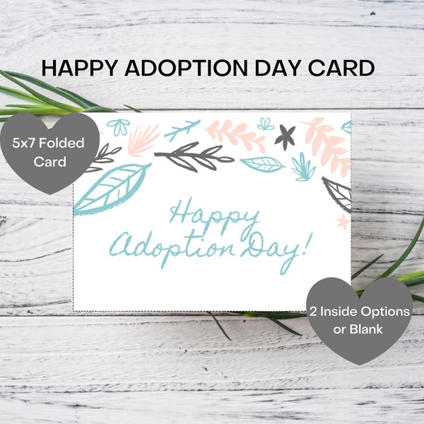 Happy Adoption Day! Greeting Card, Leaves, Adoption Card, Gotcha Card, Digital Print, 5x7 Card, Inside Text, Bohemian