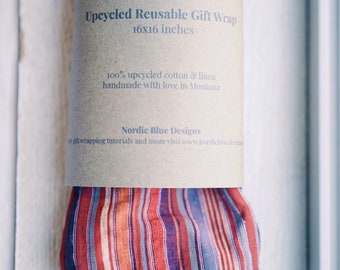 Red Striped Upcycled Fabric Gift Wrap Christmas. Sustainable Gift. Reusable Gift Wrap. Eco Friendly Wrapping Paper. Zero Waste Gift Box