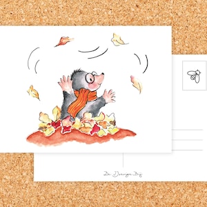 Postal Ollie de Mol con Hojas, Topo, Topito, Hojas de Otoño, Postal Divertida, Dibujo Infantil, Postal, Dulce
