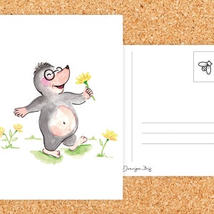 Cartolina Talpa - Primavera - Piccola talpa - Illustrazione - Illustrazione per bambini - Biglietto per bambini - Illustrazione allegra - Cartolina - Dolce