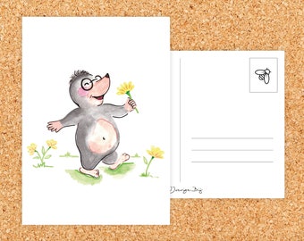 Postcard Ollie de Mol with Flowers - Spring - Mole - Illustration - Funny Postcard - Drawing for children - Postcard - Sweet