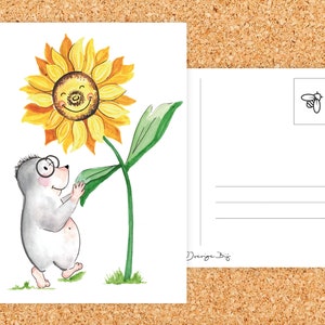 Carte postale Taupe avec tournesol - Printemps - Illustration - Illustration pour enfants - Carte pour enfants - Illustration joyeuse - Carte postale - Doux