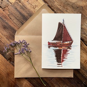 Biglietto d'auguri Botter, Barca a vela, Barca da pesca, Mare, Spedizione, Pesca, Biglietto d'auguri con busta, Acquerello, Illustrazione, Vela, Vela, Pesca