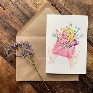 Bouquet de cartes de voeux, Fleurs, Amour, Amitié, Guérissez bientôt, Saint-Valentin, Aquarelle, Illustration, Carte de voeux avec enveloppe, Anniversaire