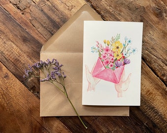 Greeting card with flowers - Flower bouquet greeting card - Birthday card with flowers - Flower illustration - Drwan flowers