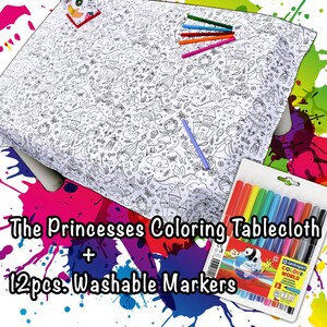 The Princesses and Fairytales Washable Coloring Tablecloth with 12 Washable Markers Included Wonderful and Top Quality 100% Cotton image 2