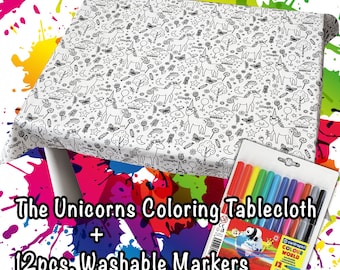 Mantel Lavable para Colorear Los Unicornios con 12 Rotuladores Lavables Incluidos - Maravilloso y de Primera Calidad 100% Algodón