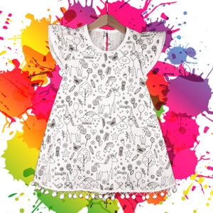 White Girl Dress for coloring from various fabrics for painting, featuring designs like Unicorns, Princesses, Fairytale, Sweets, and Bunnies Unicorns