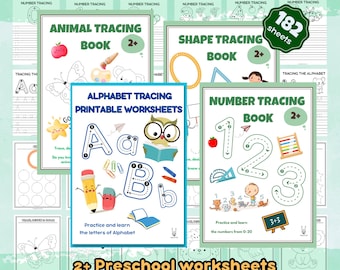 May include: A set of 182 printable tracing worksheets for preschoolers and kindergarteners. The worksheets feature tracing activities for letters, numbers, and shapes. The worksheets are designed to help children develop their fine motor skills and handwriting.