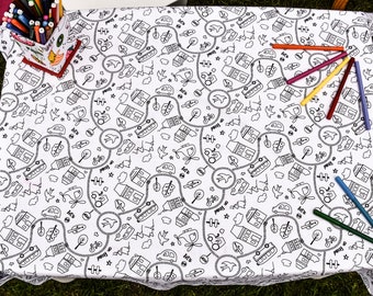 Means of Transport - Washable Coloring Tablecloth with 12pcs Washable Markers Included - TOP Quality 100% Cars, Buses, Tractors, Helicopters