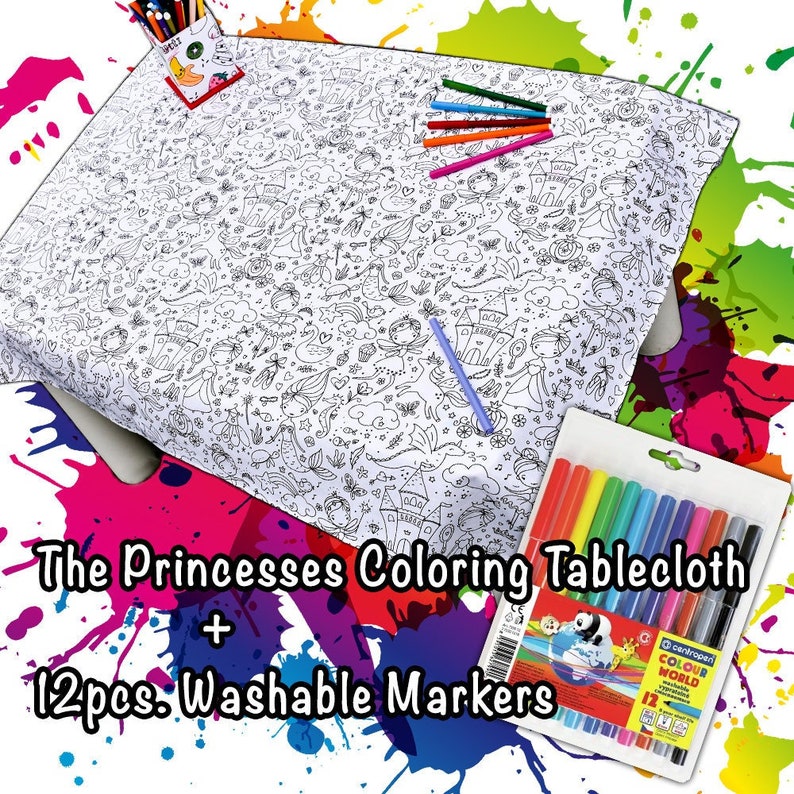 The Princesses and Fairytales Washable Coloring Tablecloth with 12 Washable Markers Included Wonderful and Top Quality 100% Cotton image 2